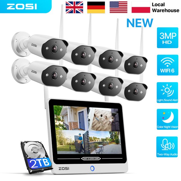 ZOSI 8CH 2K Wi-Fi 6 Sicherheitskamerasystem 12'' LCD-Monitor 3MP Plug-in WiFi-Überwachungskameras Indoor Outdoor für die Sicherheit zu Hause