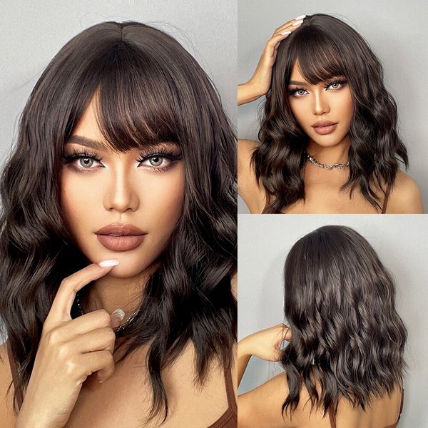 Perruque Bob Synthétique Naturelle Courte Ondulée avec Frange pour Femme, Marron Foncé, Utilisation du Cosplay 03/Degré de Chaleur