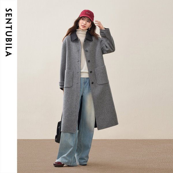 Manteau mi-long en pure laine SENTUBILA pour femmes 2026, col rabattu, manteau d'hiver pour femme, vêtement d'extérieur en laine double face W64OC7640