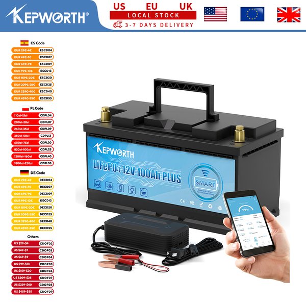KEPWORTH 12 V 100 Ah LiFePO4-Akku, 6000 Zyklen, verbessertes BMS, für RV Solar Golf Cart Off-Grid, USA/EU-Lager