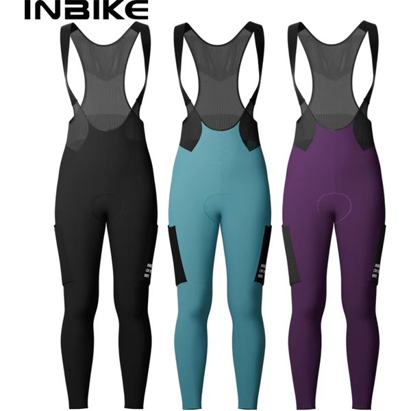 INBIKE Winter Damen Thermo-Fleece-Latzhose, Fahrradhose mit hoher Taille, gepolsterte lange Radhose mit Taschen, Fahrradbekleidung