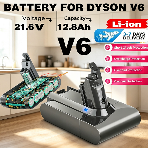 EU-Lager, schneller Versand, Akku für Dyson V6, Staubsauger für Dyson V6 21,6 V 12.800 mAh wiederaufladbarer Akku DC58, DC59, DC6265070880, SV03, SV04, SV05, SV06, SV07, SV09 18650 Lithium-Ionen-Akku