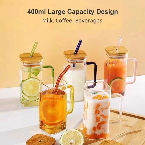 400 ml quadratischer Glasbecher mit Deckel und Strohhalm, Frühstücksmilchbecher, mikrowellengeeignet, transparent, Party-Bier-Kaffeebecher, Trinkgeschirr aus Glas