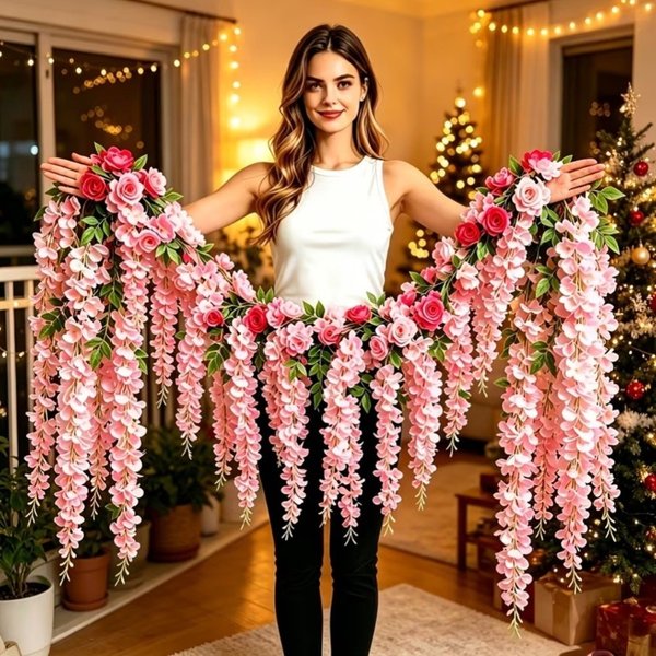Künstliche weiße Rosenranke 250 cm, 3D buschige hängende Rattanblume, einfach aufzuhängende Kunstblumen für Zuhause und Hochzeit