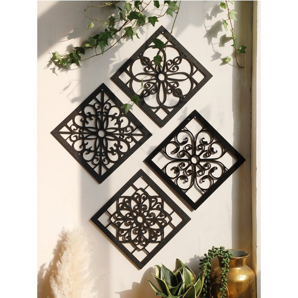 Décoration murale creuse en bois noir, 4 pièces, dessins sculptés, style Boho, décoration de maison, hexagone carré suspendu, décor de salle, esthétique
