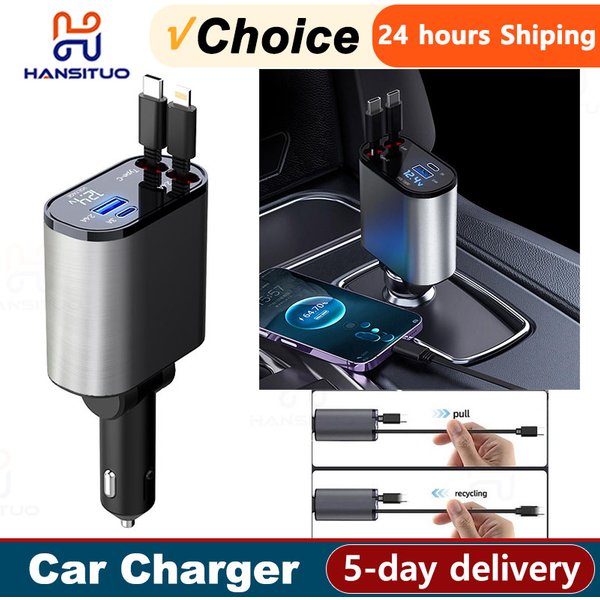 100w 4 in 1 einziehbares Auto ladegerät USB Typ C Kabel für iPhone Huawei Samsung Schnell ladekabel Zigaretten anzünder Adapter x4w3