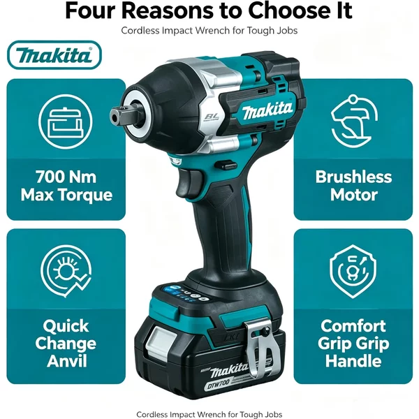 Makita DTW700 1000Nm Akku-Schlagschrauber 18V Bürstenloser Hochdrehmoment-Elektroschrauber Variable Geschwindigkeit Auto-Stopp Batterie-Kit