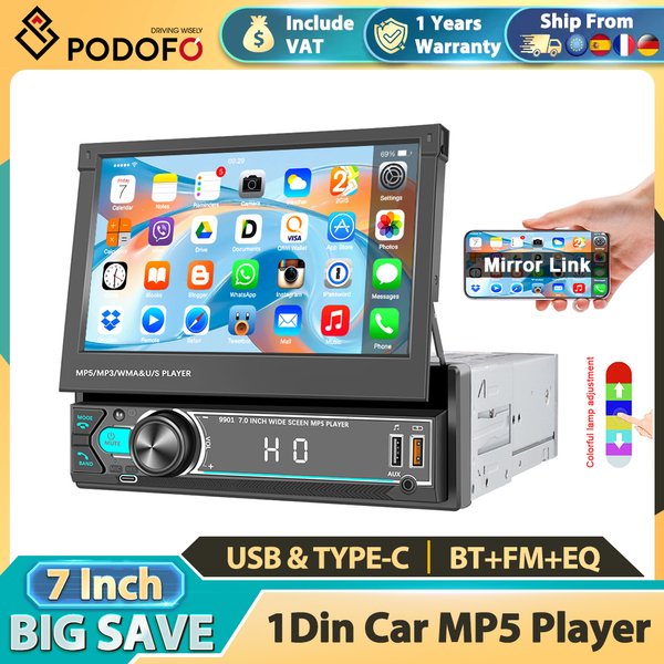 Podofo 1 Din Inteligentny System Samochodowy 7" Ręcznie Wysuwany Ekran Dotykowy Odtwarzacz Multimedialny MP5 Bluetooth USB AUX
