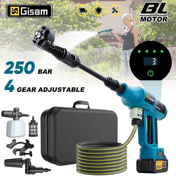 Gisam 250Bar Bürstenloser Hochdruck-Autowaschpistole 4-Gang Kabellose Autowasch-Sprühpistole Garten-Wasch- und Reinigungswerkzeug für Makita 18V Akku
