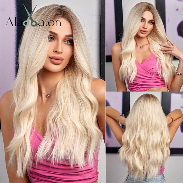 ALAN EATON-Perruque Synthétique Longue Blonde pour Femme, Cheveux Bouclés avec Racines Foncées, Raie Moyenne, Fibre Haute Température, Aspect Naturel