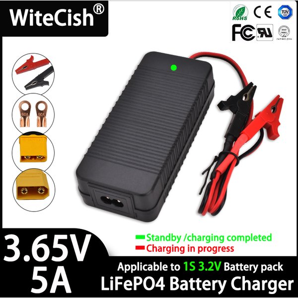 3,65 V Lifepo4-Ladegerät 5 A für 3,2 V 3,3 V 1S Lifepo4-Batterieladegerät mit Clip/Kupfernase/XT60/XT90-Stecker