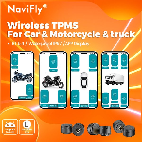 Bezprzewodowy system monitorowania ciśnienia w oponach Navifly TPMS BT 5.4 IP67 dla IOS Android Motocykl Ciężarówka Samochód Czujnik ciśnienia w oponach