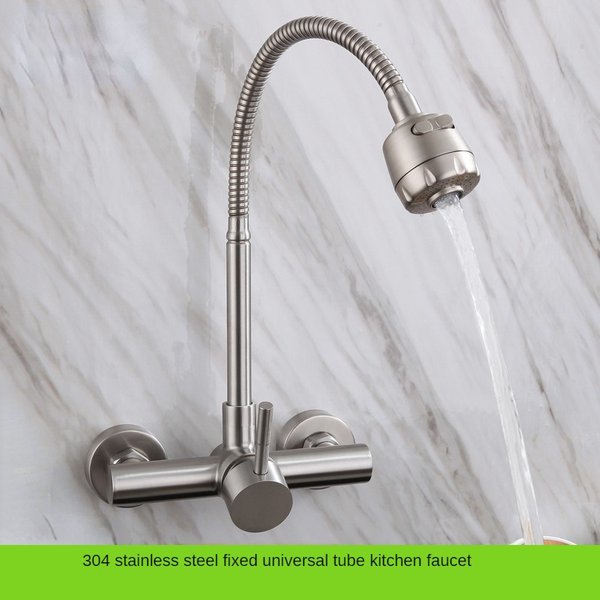 304 Stainless Steel Into Wall Hot and Cold Double Hole Sink Universal Pipe Shower Water Rotary Kitchen Faucet