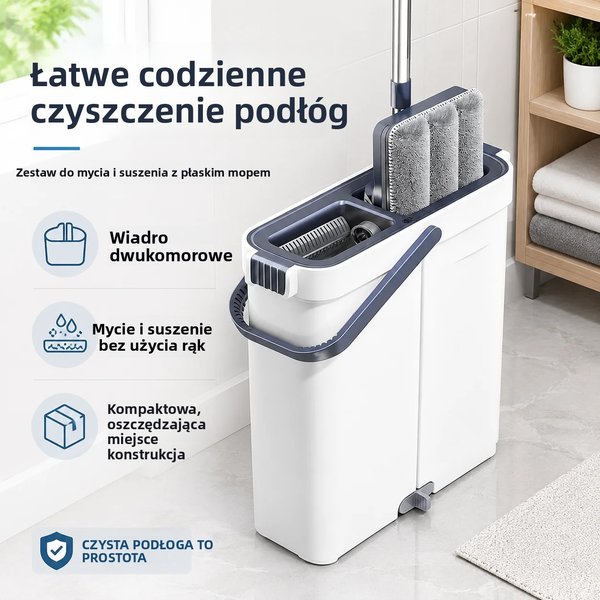 Zestaw Joybos – kompaktowy, oszczędzający miejsce wiadro do mopa (szerokość zaledwie 13,5 cm), płaski mop z wbudowanym systemem samoczynnego wyciskania i skrobakiem do usuwania włosów oraz