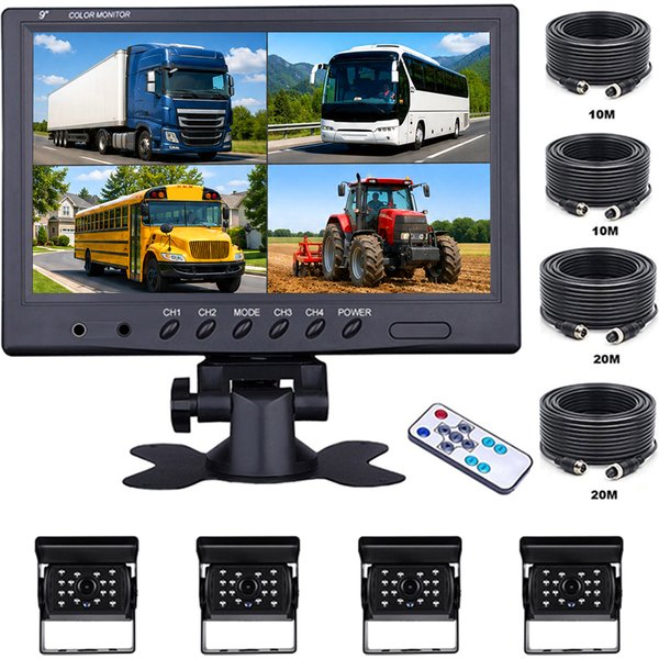 Caméra de recul Degreat 9" avec moniteur de voiture, écran partagé en quatre divisions, vision nocturne, enregistreur vidéo 4 canaux, caméra de recul pour camion et bus