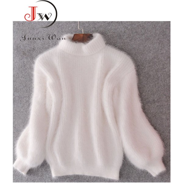 Pull à col roulé épais en mohair blanc, automne-hiver, mode douce, manches lanternes, décontracté, couleur unie, pull femme.