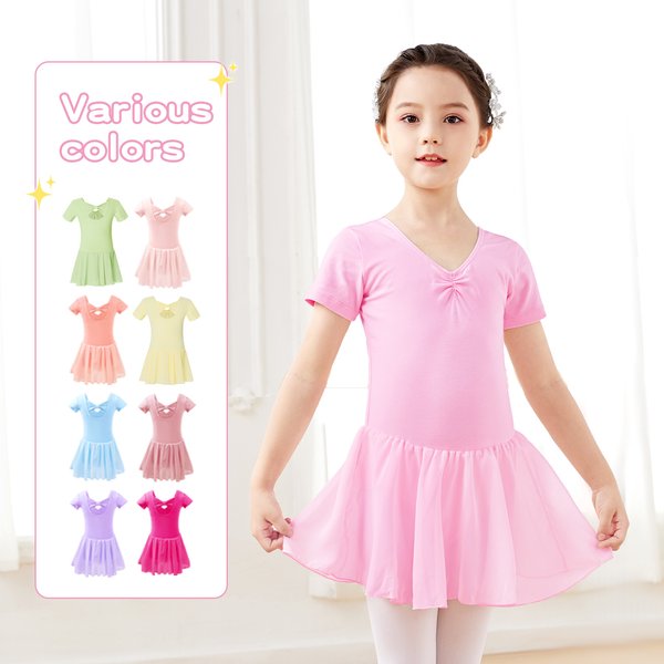Ballettkleid, Gymnastik-Trikots für Mädchen, Kinder, kurzärmelig, Ballett-Trikots mit Chiffon-Rock, Schleife, Tanzbekleidung, Ballett-Bodys