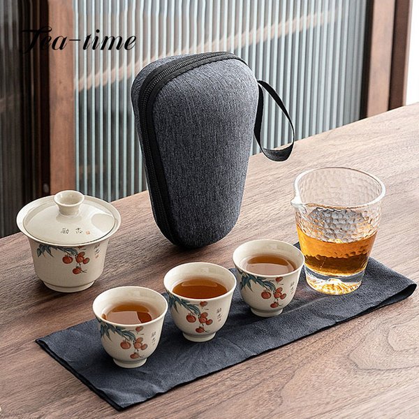 Retro Plant Ash Tea Cups Ceramic Portable Bag Teapot Outdoor Travel Gaiwan Tea Cups of Tea Ceremony Kung Fu Tea Set Teaware Set