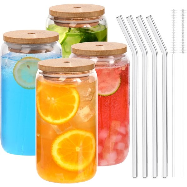Verres en verre en forme de boîte de 18.6oz, 540ML, avec couvercles en bambou et pailles en verre, pour bière, café glacé, vin, Cocktail