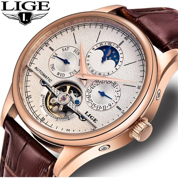 Lige Männer Uhren automatische mechanische Uhr Tourbillon Uhr echtes Leder wasserdichte Uhr Männer Militär Armbanduhr Mann