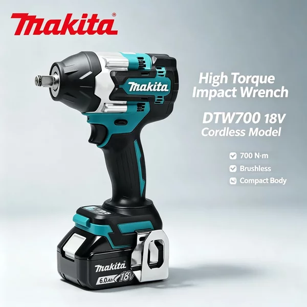 Makita DTW700 1000Nm Hochdrehmoment Akku-Schlagschrauber 18V Bürstenloser Elektrowerkzeug mit variabler Drehzahl, Auslöser, Auto-Stop und Batterie-Kit