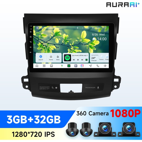 AURAAI Android Autoradio-Player für Mitsubishi Outlander 2, für Citroen C-Crosser, für Peugeot 4007, kabelloses Carplay, intelligenter Touchscreen, 8-Kern-Multimedia, 360°-Kamera, Auto-GPS