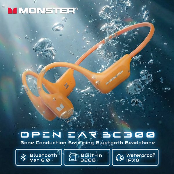 Casque Bluetooth 6.0 à conduction osseuse Monster BC300, étanche IPX8, écouteurs sans fil pour la natation, avec 32 Go intégrés, écouteurs sportifs à crochet d'oreille