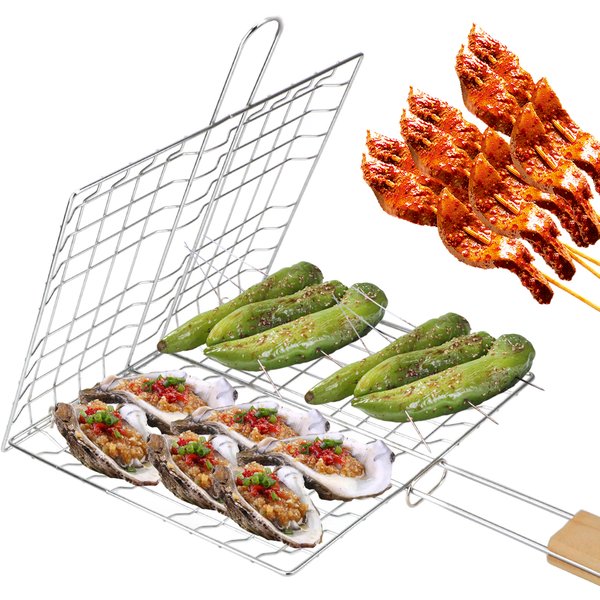 Tapis de Barbecue pliable avec manche en bois, support réutilisable pour viande et poisson, en acier inoxydable, panier à griller en maille