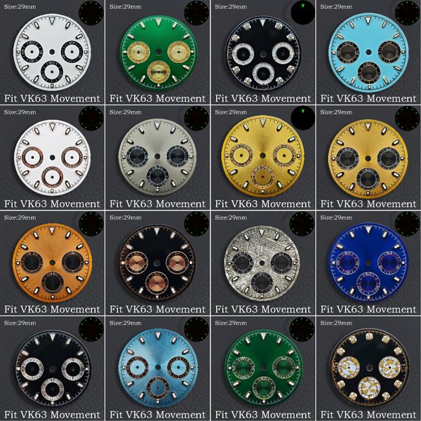 VK63 29mm Zifferblatt-Uhrzeiger, grün leuchtendes Chronographen-Zifferblatt, passend für VK63-Uhrwerk, passend für 39mm Uhrengehäuse, Herrenuhr-Zubehör
