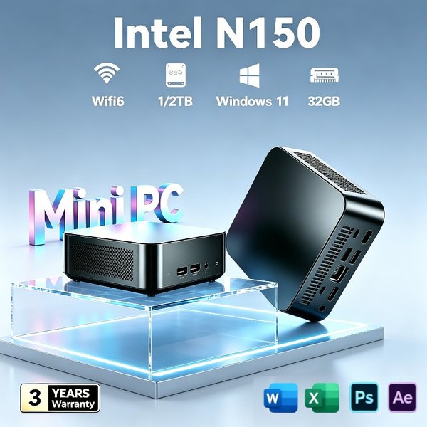 Nouveau Mini PC Intel N150 2026, 16 Go de RAM, SSD 1 To ou 2 To, WiFi 6, Windows 11, Idéal pour le bureau, le travail et le gaming portable