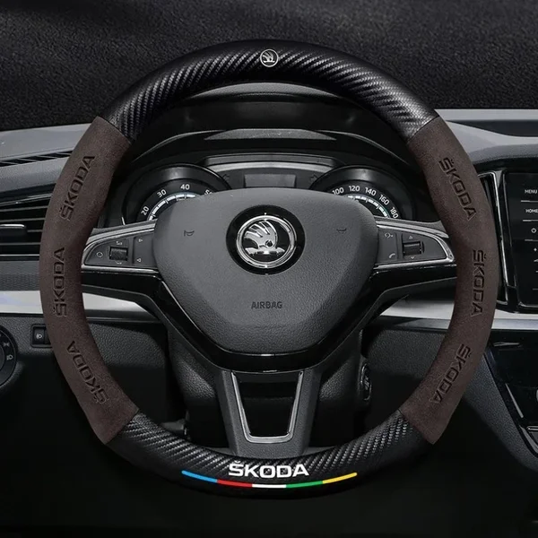 Pokrowiec na kierownicę samochodową z włókna węglowego i zamszu, 38 cm, pasujący do Skoda Octavia, Rapid, Kodiaq, Kamiq, KAROQ, akcesoria samochodowe.
