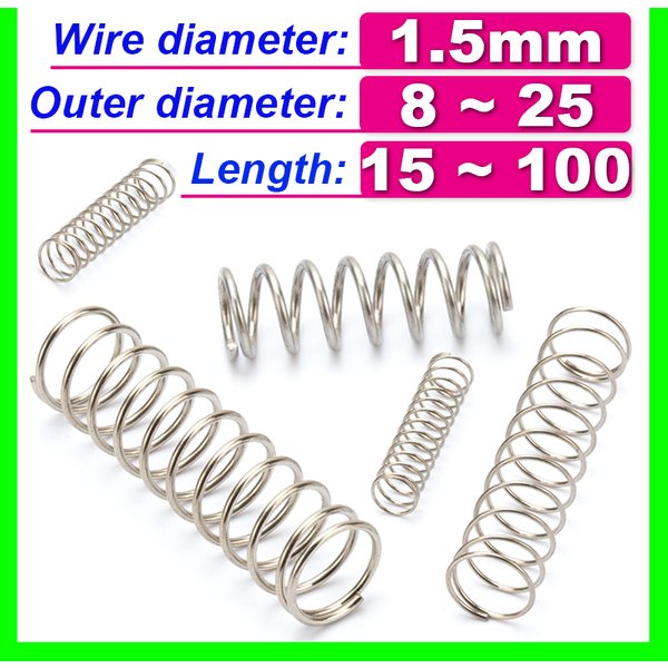 Fil à ressort en acier inoxydable 304, diamètre 1.5mm, pression de compression, Rotor, tampon de rappel, bobine cylindrique Od 8mm ~ 25mm, 10 pièces