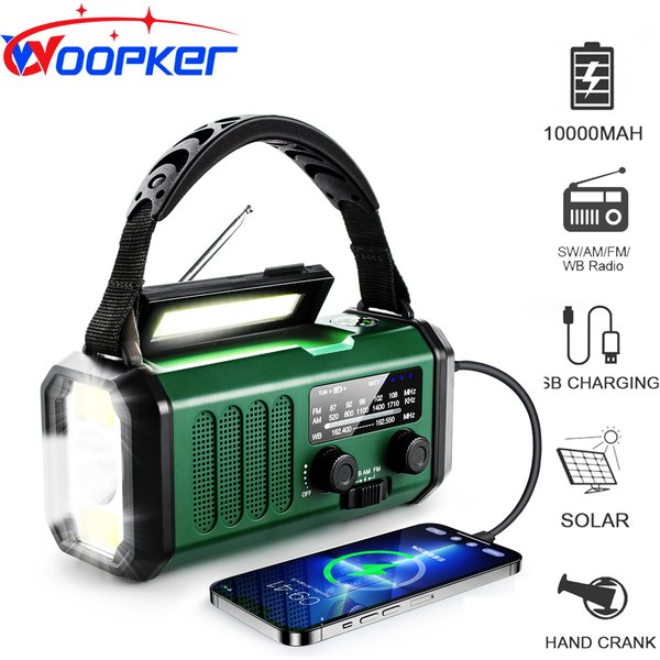 Woopker Radio XSY-330 10000mAh FM Emergency Radio Solar Hand Crank Generator AM/FM/NOAA LED Portable Radio SOS Alarm Power Bank