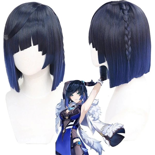 Genshin Impact Yelan Cosplay Wig Short Black Purple Gradient Wig Anime Yelan Wigs Heat Resistant Synthetic Wigs