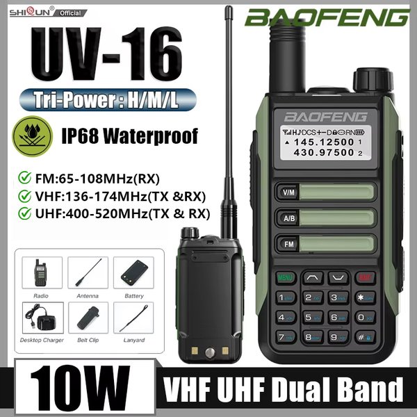 BaoFeng UV-16 10W Walkie-Talkie Tri-Power IP68 Wasserdichtes VHF/UHF Dual-Band FM Langstrecken-Handfunkgerät Grün 2 Stück