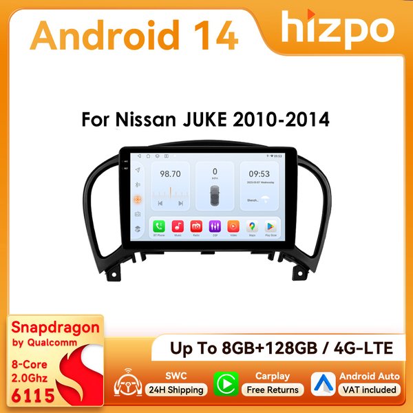 9-Zoll Hizpo 2Din Android Autoradio für Nissan JUKE 2010 - 2014 Snapdragon 6115 Headunit RDS DSP GPS 4G BT SWC Auto CarPlay 360 ° GLAS