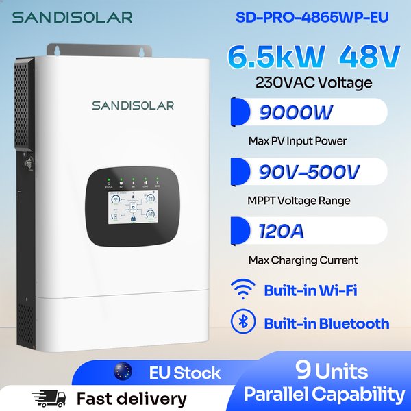 SANDISOLAR 6500W – samodzielny, hybrydowy falownik solarny 48 V z czystą sinusoidalną falą, czasem przełączania 4 ms, funkcją UPS oraz inteligentnym wyświetlaczem dotykowym, przeznaczony do systemów