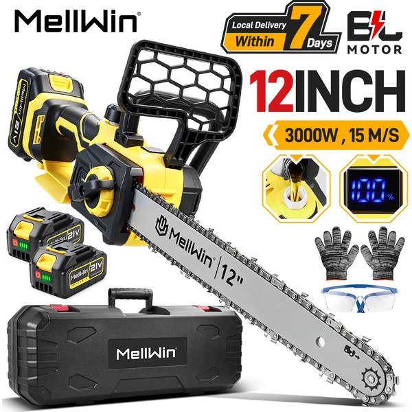 MELLWIN Bürstenlose 12-Zoll Hochgeschwindigkeits-Elektrosäge Garten-Kettensäge Holzschneidewerkzeug für Makita 18V Akku