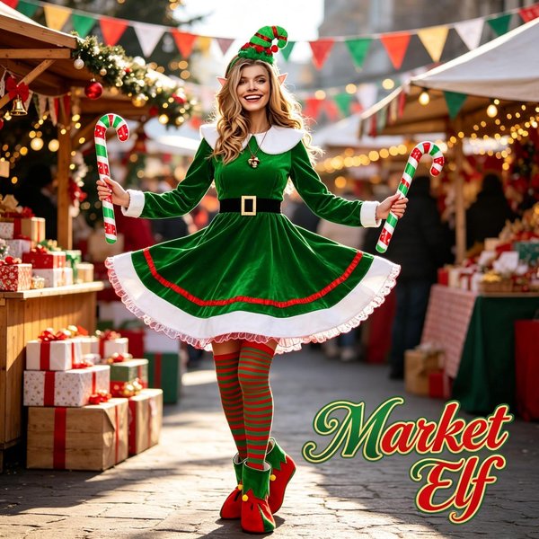 Ensemble de costume de lutin de Noël pour femmes, comprenant une robe en velours lisse, une ceinture, des accessoires, des chaussettes hautes à rayures et un chapeau de lutin, idéal pour une fête de