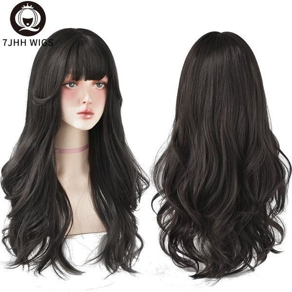 7JHH WIGS Popular Brown Ash Long Deep Wave Hair Lolita Wigs With Bangs Synthetic Wig For Women Fashion Thick Curls Wigs Girl