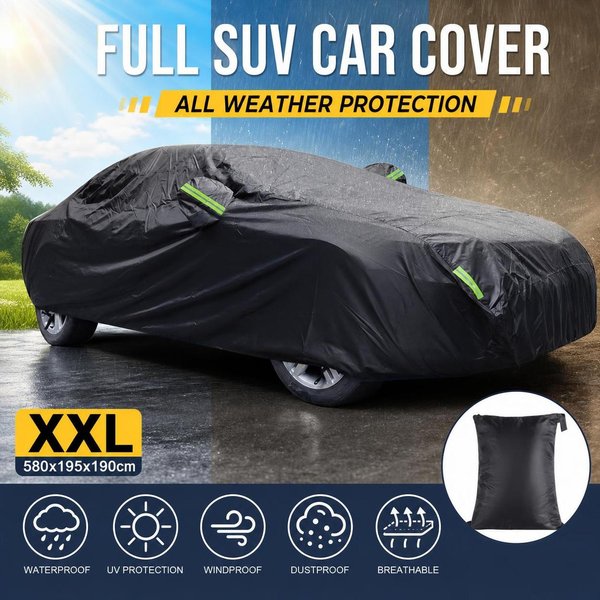 XXL Universelle SUV-Limousinen-Autoabdeckung für den Außenbereich, wasserdicht, Sonnen-, Regen- und Schneeschutz, UV-Schutz, mit Reißverschluss, schwarze Autoabdeckung, Größe L