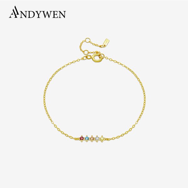 ANDYWEN 2024 New 925 Sterling Silver Gold Colorful Sage Line Four Zircon Charm Chain Bracelet Women Luxury 2021 Wedding Jewelry
