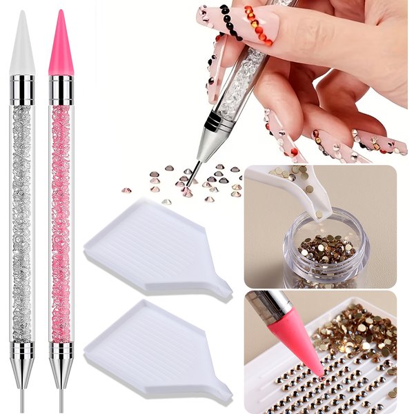 Doppelseitiges Nagelrhinestone-Pick-Tool-Set, Wachspunktierstifte, gebogene Pinzette, Rhinestone-Aufbewahrungsschale, DIY-Nagelkunst-Edelstein-Aufnahmewerkzeug