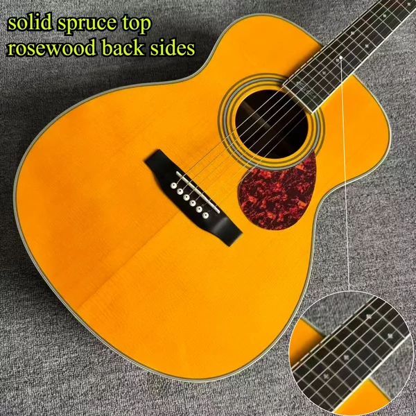 Guitare acoustique pleine, OM28, dessus en épicéa massif, fond et côtés en palissandre, finition jaune brillante vintage, guitare folk, style fingerstyle avancé, chant