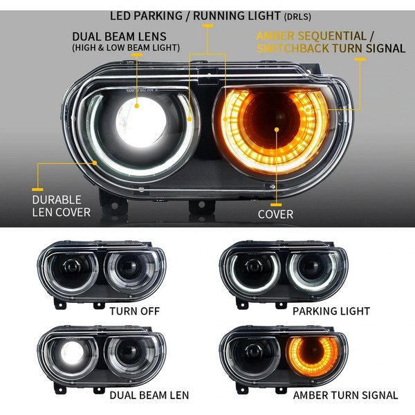 2 Stück LED-Scheinwerfer für Dodge Challenger 2008-2014, Halo DRL, gelbes Blinklicht, Fern- und Abblendlicht, direkte Montage, Plug-and-Play, IP67 wasserdicht, Auto-Upgrade.