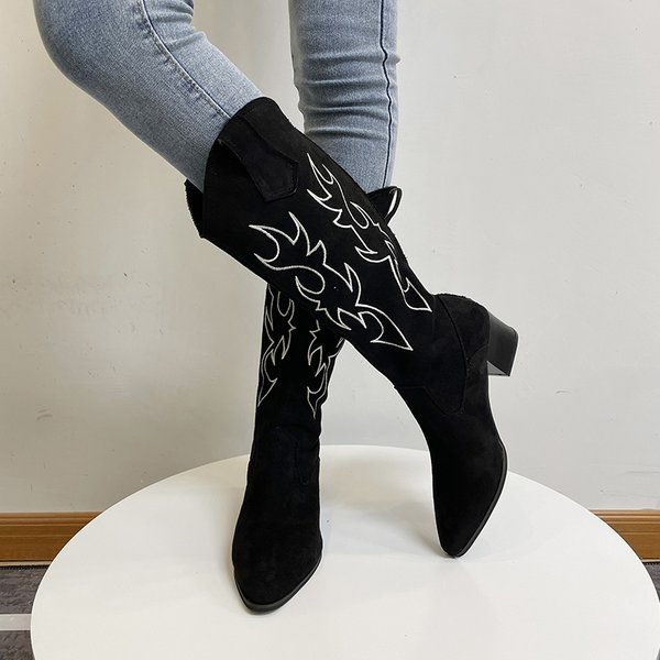 Gestickte Cowboystiefel für Damen, kniehoch, mittelhoher, klobiger Absatz, spitzer Zehenbereich, klassische Retro-Western-Cowgirl-Stiefel