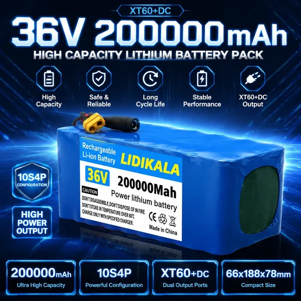 10S4P 36V 200Ah 200000mAh 18650 wiederaufladbarer Lithium-Ionen-Akku mit integriertem BMS-Schutz, Ersatzakku für Elektroroller und E-Bike