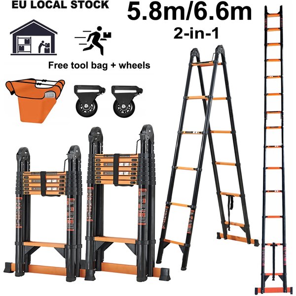 Teleskopleiter, 5,8 m/6,6 m, Kohlenstoffstahl, 2-in-1-A-Rahmen, zusammenklappbare tragbare Mehrzweckladder mit EN131-zertifizierter Last 150 kg