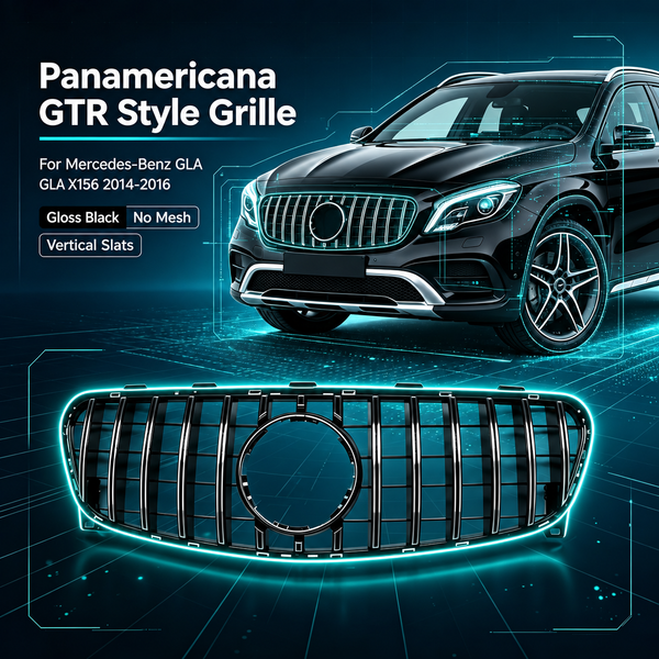 Panamericana Frontgrill GTR-Style Frontstoßstangengrill Hochglanz-Schwarz Ohne Gitter für Mercedes-Benz GLA-Klasse X156 2014 2015 2016