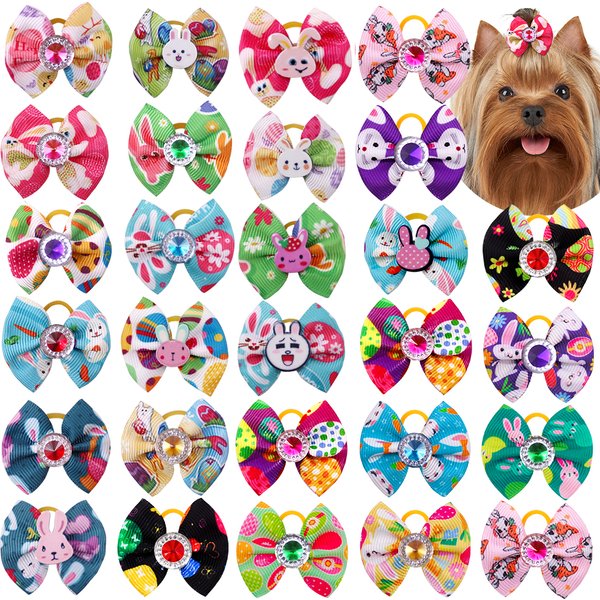 20PCS Dog Bows Easter Diamond Rabbit For Dog Hair Bows For Dogs Pets Hair Accessories Rubber Bands Dog Grooming Accessories